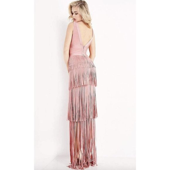 JOVANI - JVN04784 FRINGE V NECK SHEATH DRESS - Picture 2 of 9